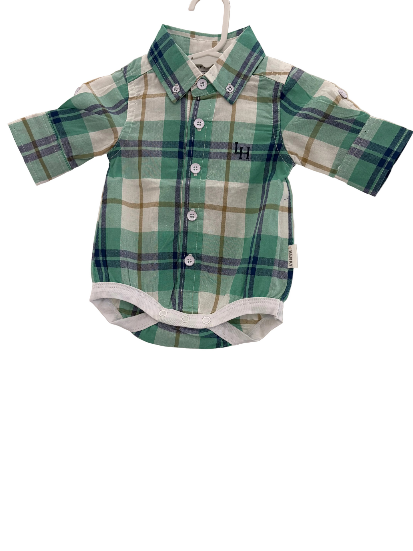 Love Henry - Baby Boys Dress Shirt Romper - Aqua Plaid