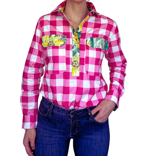 Antola - Kelly Half Button Shirt - Pink Check