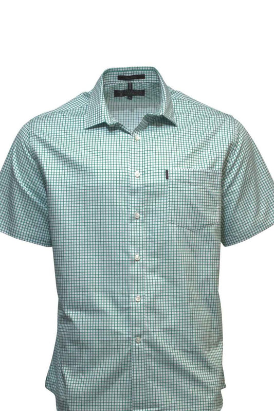 Pilbara Men's Yarn Dyed Check Single Pocket Short Sleeve Shirt - Emerald/White