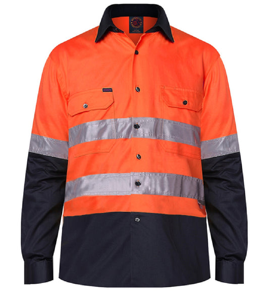 Ritemate - Mens Open Front Shirt L/S 50MM Reflective Tape - Orange/Navy