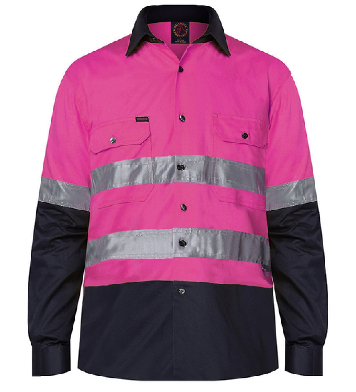 Ritemate - Mens Open Front Shirt L/S 50MM Reflective Tape - Pink/Navy