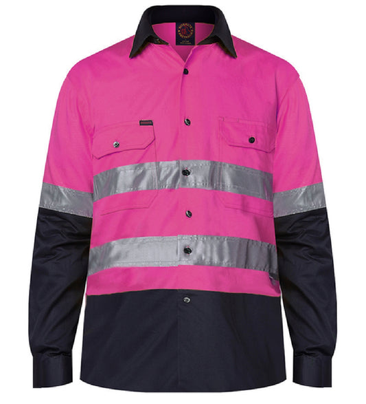 Ritemate - Mens Open Front Shirt L/S 50MM Reflective Tape - Pink/Navy