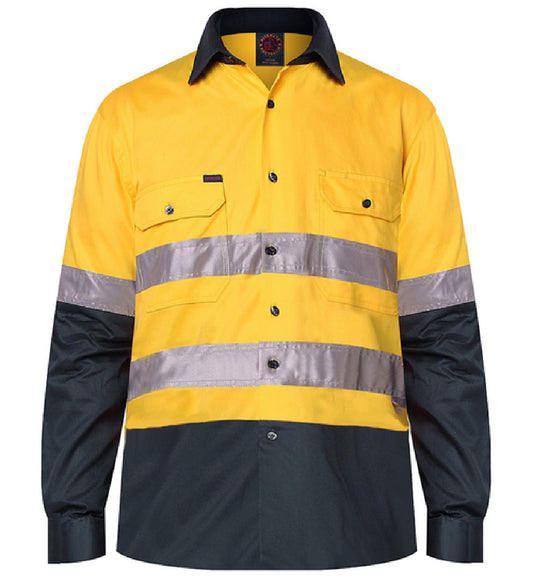 Ritemate - Mens Open Front Shirt L/S 50MM Reflective Tape - Yellow/Bottle