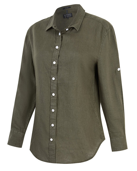 Pilbara-  Womens Florence Classic  Linen Long Sleeve Shirt - Olive