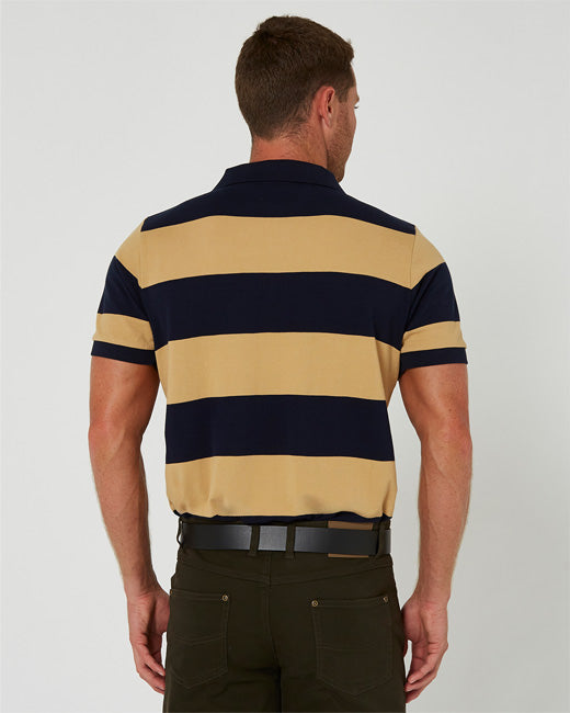 Pilbara -Men's Y/D Striped Pocket Polo - Golden Rough/French Navy