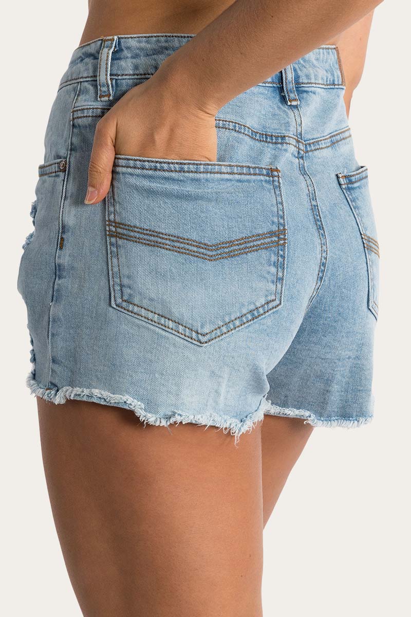 Ringers Western - Jessie Womens Mid Rise Ripped Denim Short - Vintage Light Blue