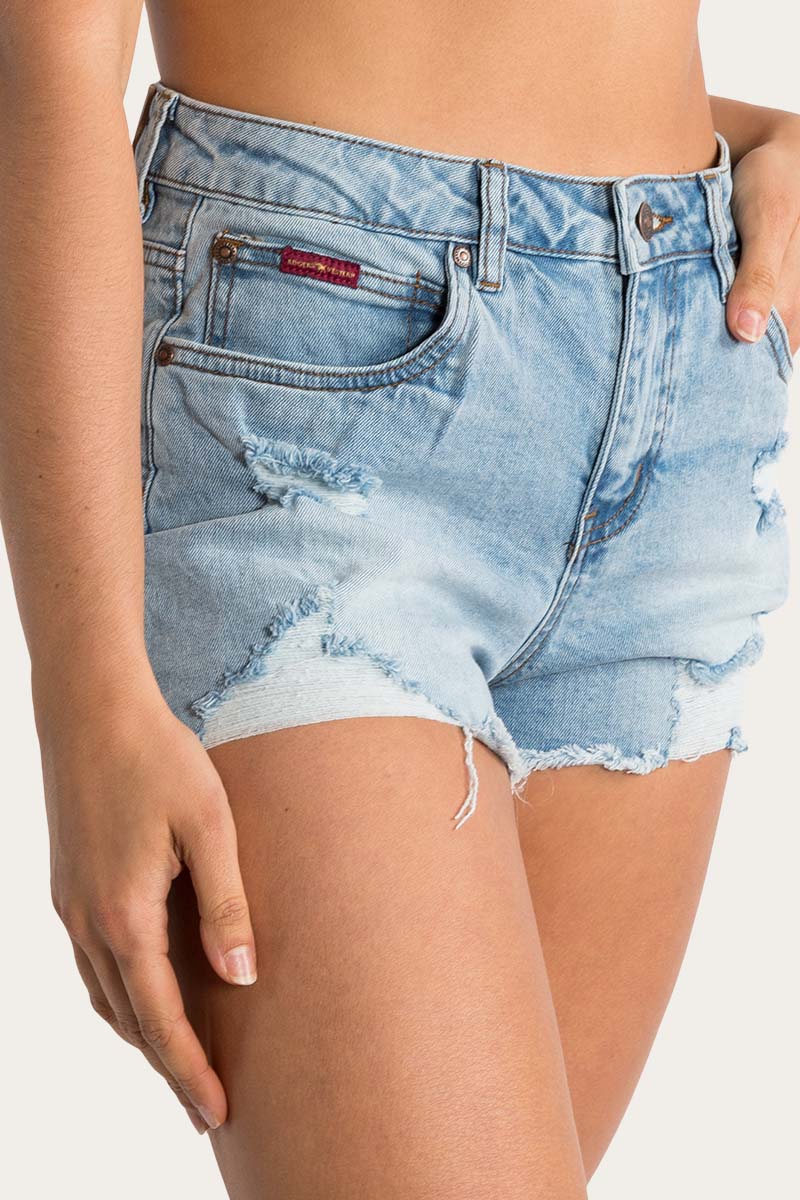 Ringers Western - Jessie Womens Mid Rise Ripped Denim Short - Vintage Light Blue
