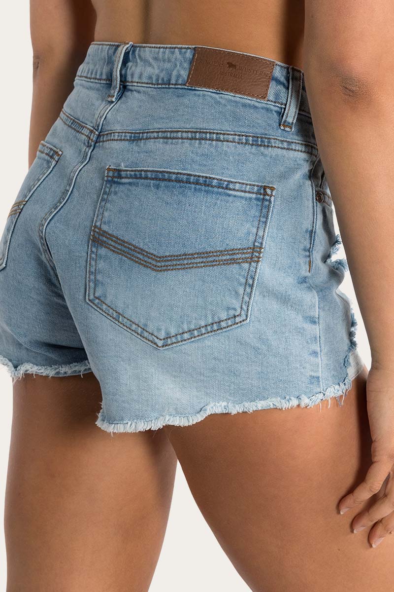 Ringers Western - Jessie Womens Mid Rise Ripped Denim Short - Vintage Light Blue