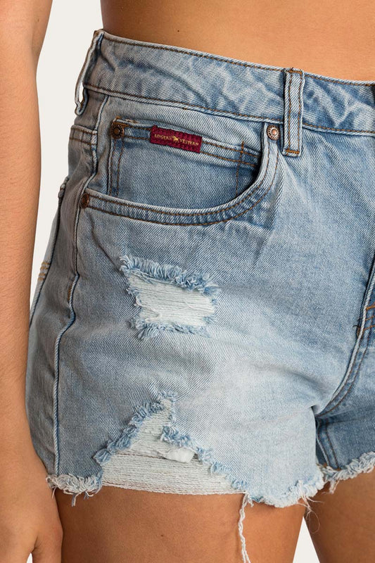 Ringers Western - Jessie Womens Mid Rise Ripped Denim Short - Vintage Light Blue