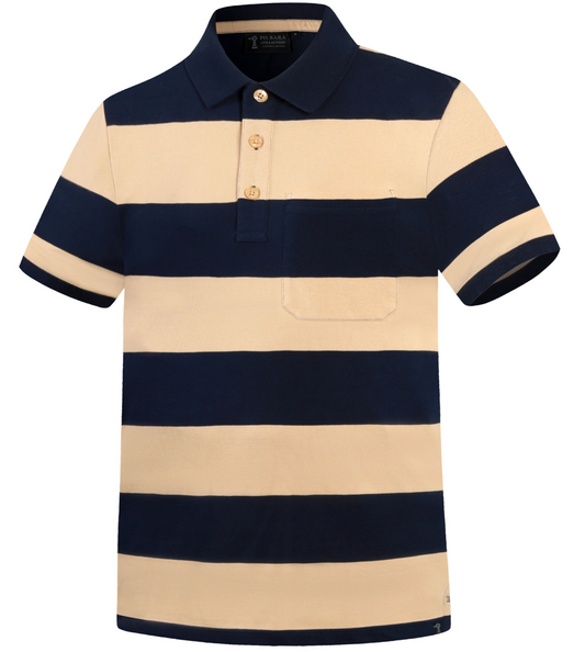 Pilbara -Men's Y/D Striped Pocket Polo - Golden Rough/French Navy