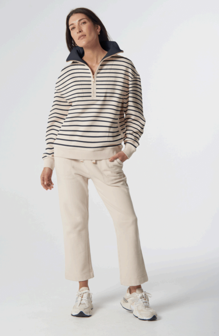 Goondiwindi Cotton - Outland Cotton ½ Zip Sweater - Birch/ Dark Navy Stripe