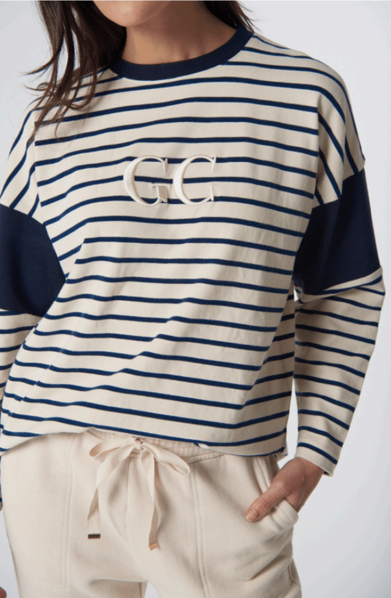 Goondiwindi Cotton - Sunday Cotton Logo Stripe Sweat - Birch/ Dark Navy
