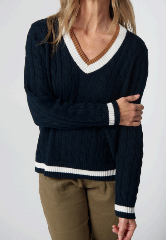 Goondiwindi Cotton - Harvest V Neck Cotton Jumper Knit - Navy/White