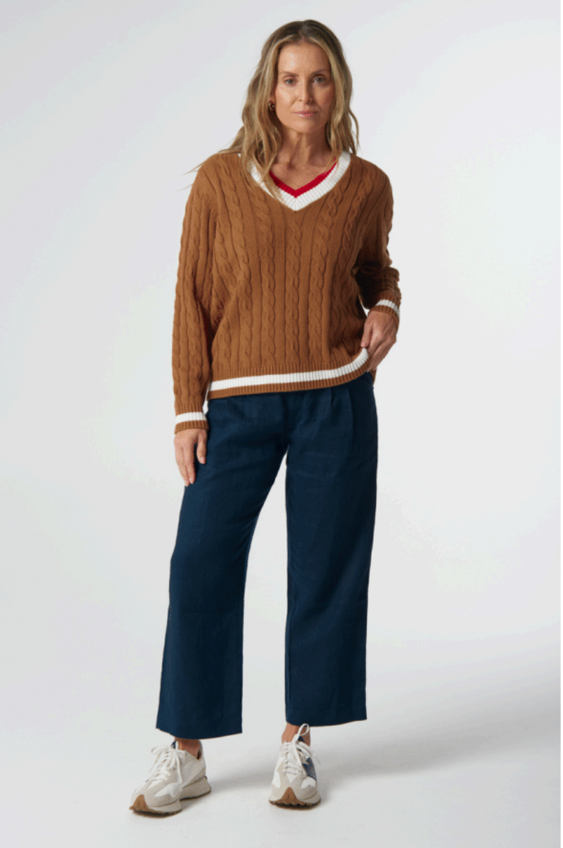 Goondiwindi Cotton - Harvest V Neck Cotton Jumper Knit - Fox/White/Poinsettia