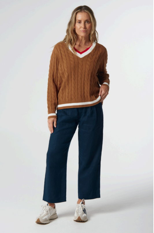 Goondiwindi Cotton - Harvest V Neck Cotton Jumper Knit - Fox/White/Poinsettia