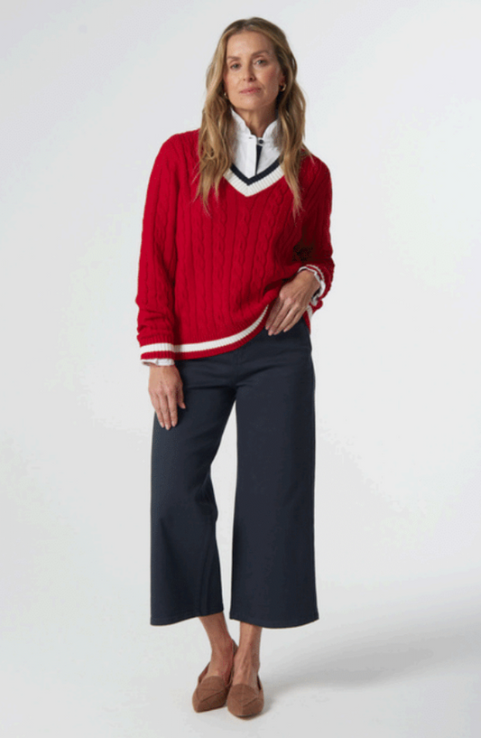 Goondiwindi Cotton - Harvest V Neck Cotton Jumper Knit - Poinsettia/White/Navy