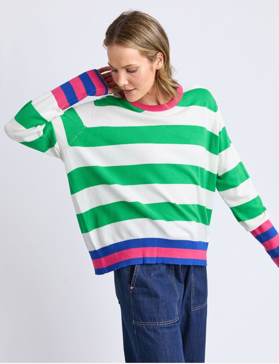 Elm Lifestyle - Reggie Long Sleeve Knit - Green/White Stripe