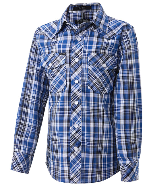 Pilbara Western Children's Snap Button L/S Shirt - Blue-Black-White