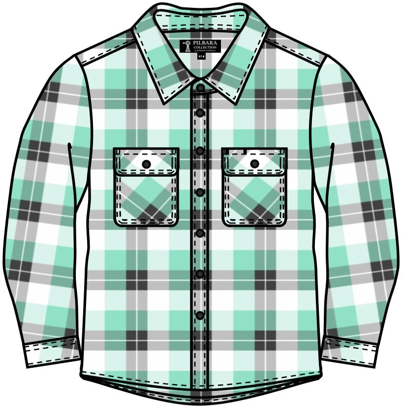 Pilbara - Childrens Flannelette Open Front Shirt - Beach Glass/Grey/White