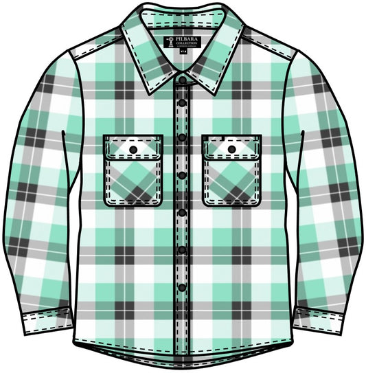 Pilbara - Childrens Flannelette Open Front Shirt - Beach Glass/Grey/White