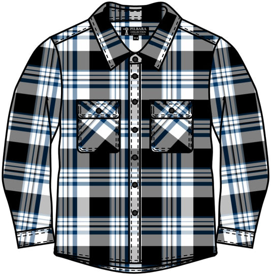 Pilbara - Childrens Flannelette Open Front Shirt - Black/White/Slate Blue