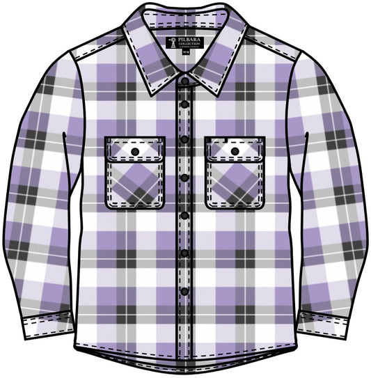 Pilbara - Childrens Flannelette Open Front Shirt - Purple Rose/Grey/White