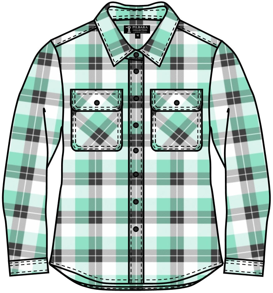 COMING SOON... Pilbara - Flannelette Shirt Womens Open Front Beach - Beach Glass/Grey/White