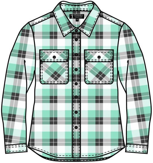 COMING SOON... Pilbara - Flannelette Shirt Womens Open Front Beach - Beach Glass/Grey/White