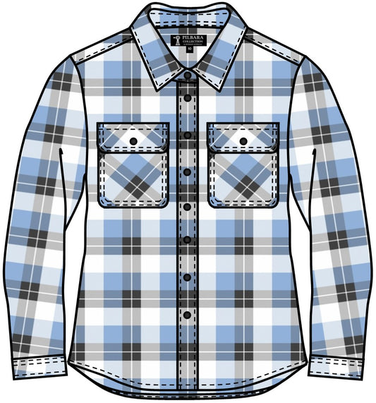 COMING SOON... Pilbara - Womens's Flannelette Shirt Open Front Beach - Cerulean-Grey-White