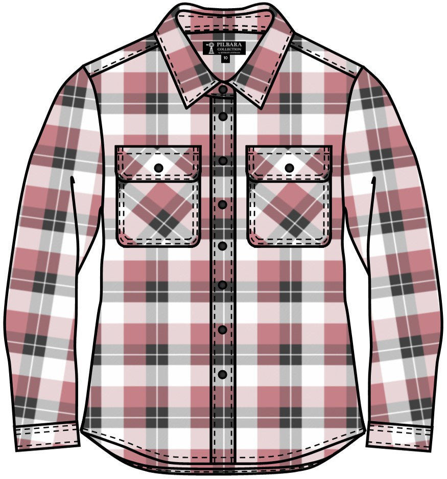 COMING SOON... Pilbara - Womens Flannelette Shirt Open Front Beach - Dusty Pink/Grey/White