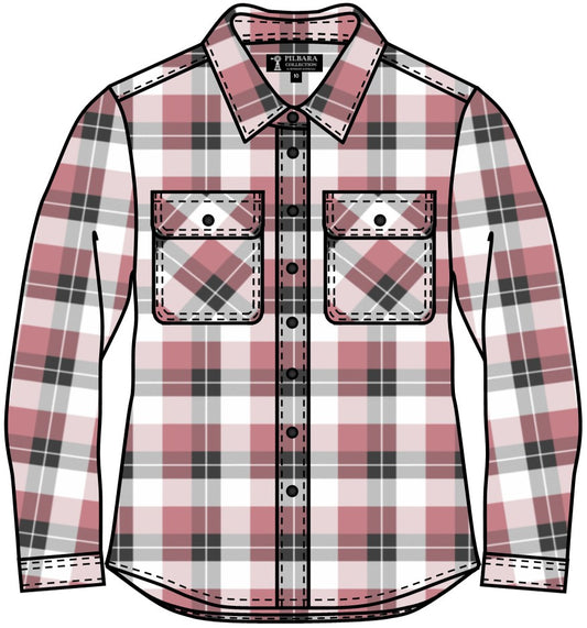COMING SOON... Pilbara - Womens Flannelette Shirt Open Front Beach - Dusty Pink/Grey/White