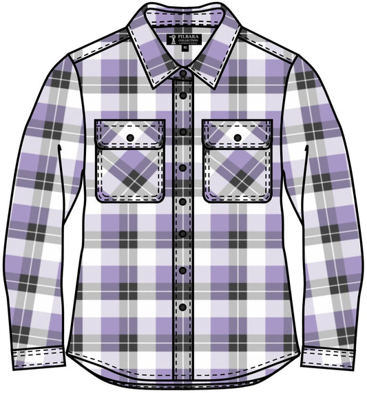 COMING SOON... Pilbara - Womens Flannelette Shirt Open Front Beach - Purple Rose/Grey/White