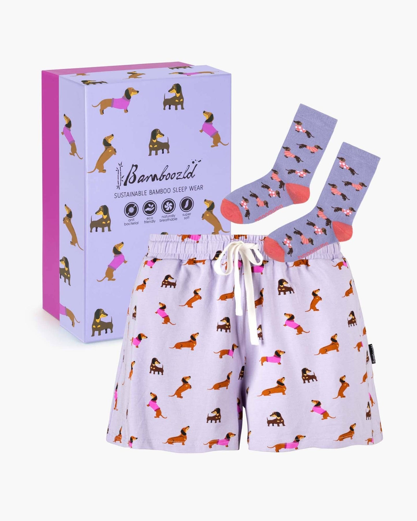 Bamboozld - Womens Dachshund Dreaming Short & Sock Gift Set - Lilac