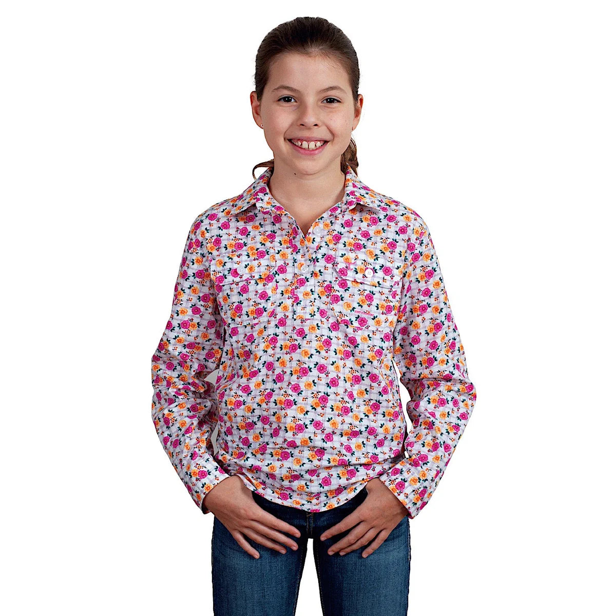 Just Country - Girl's Harper Half Button Print Work Shirt - White Lattice