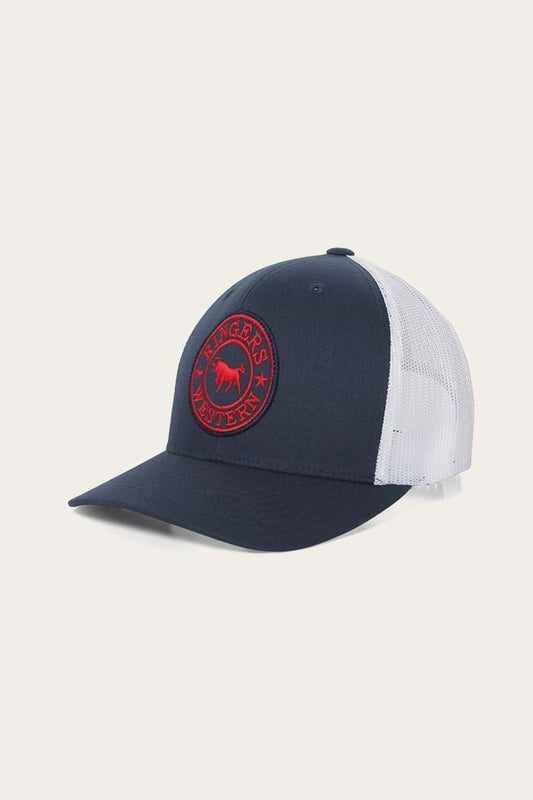 Ringers Western - Signature Bull Trucker Navy & White with Navy & Red Patch - Navy & White, Navy & Red Patch