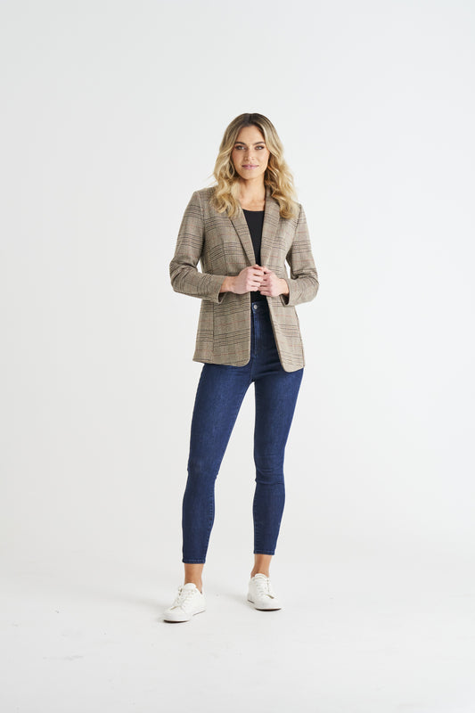 Betty Basics - Portsea Single Breasted Blazer - Mocha Plaid