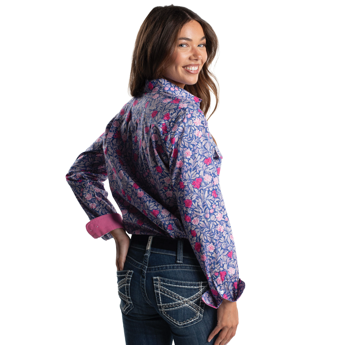 Just Country - Womens Closed Front Work Shirt - Georgie - Blue Chrysanthemum/Rose