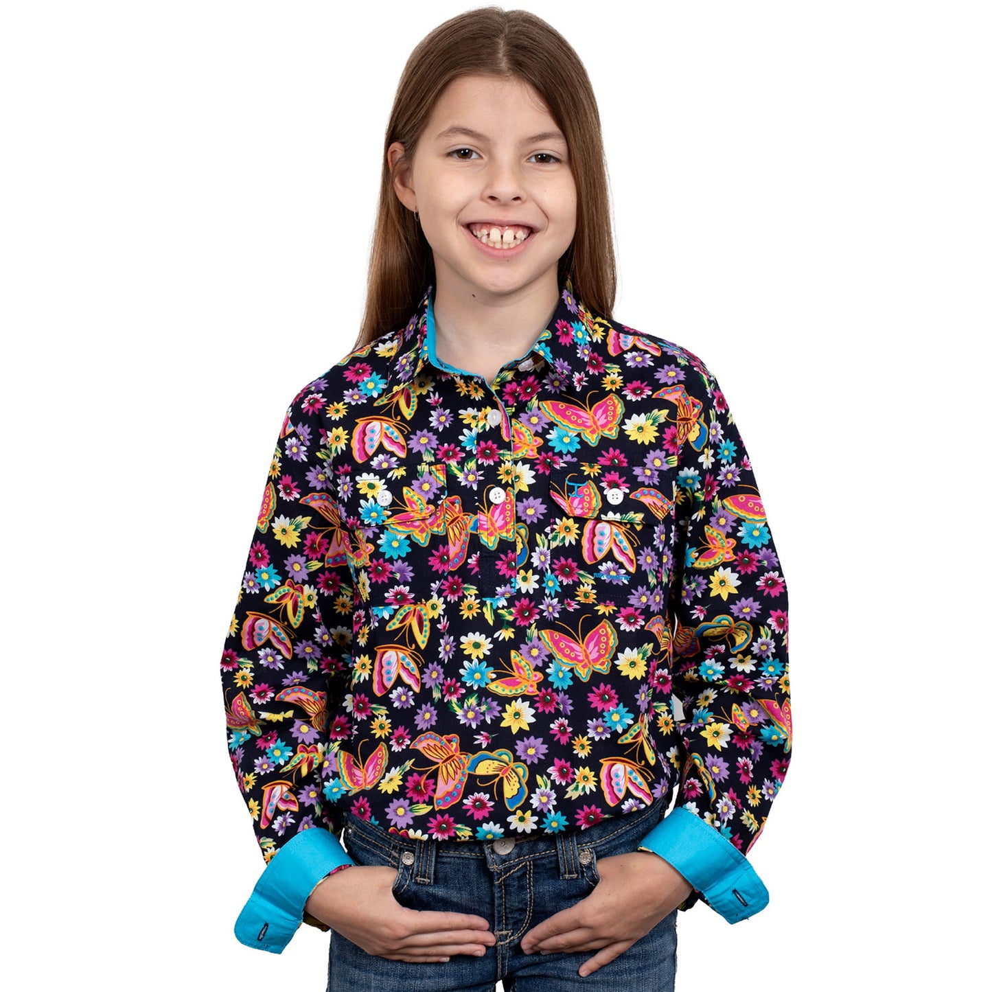 Just Country - Girl's Harper Half Button - Navy Neon Butterfly