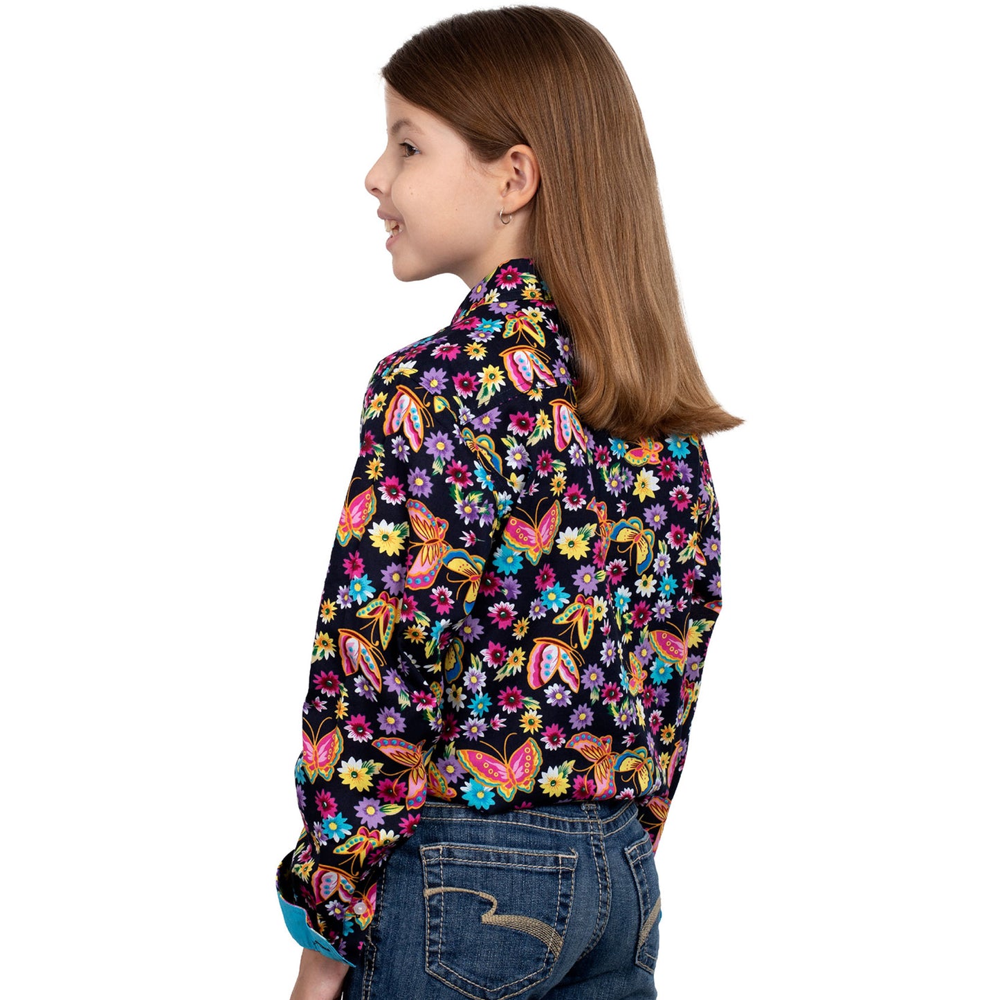 Just Country - Girl's Harper Half Button - Navy Neon Butterfly