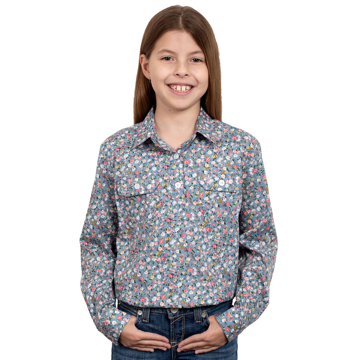 Just Country - Girl's Harper Half Button - Denim Mini Peonies