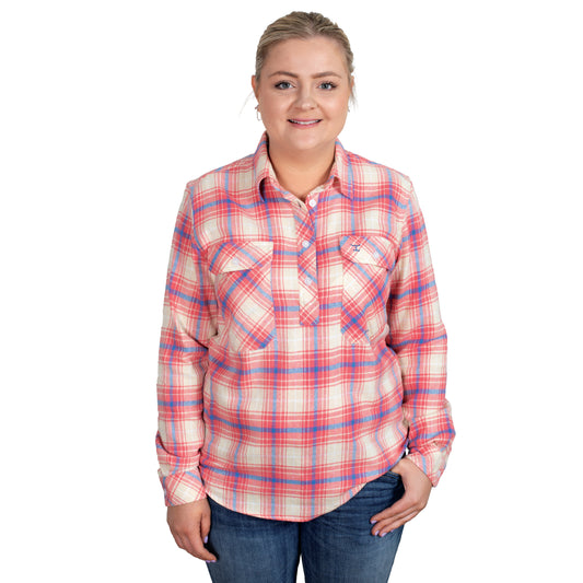 Just Country - Jahna 1/2 Button Flannel -  Salmon/Blue