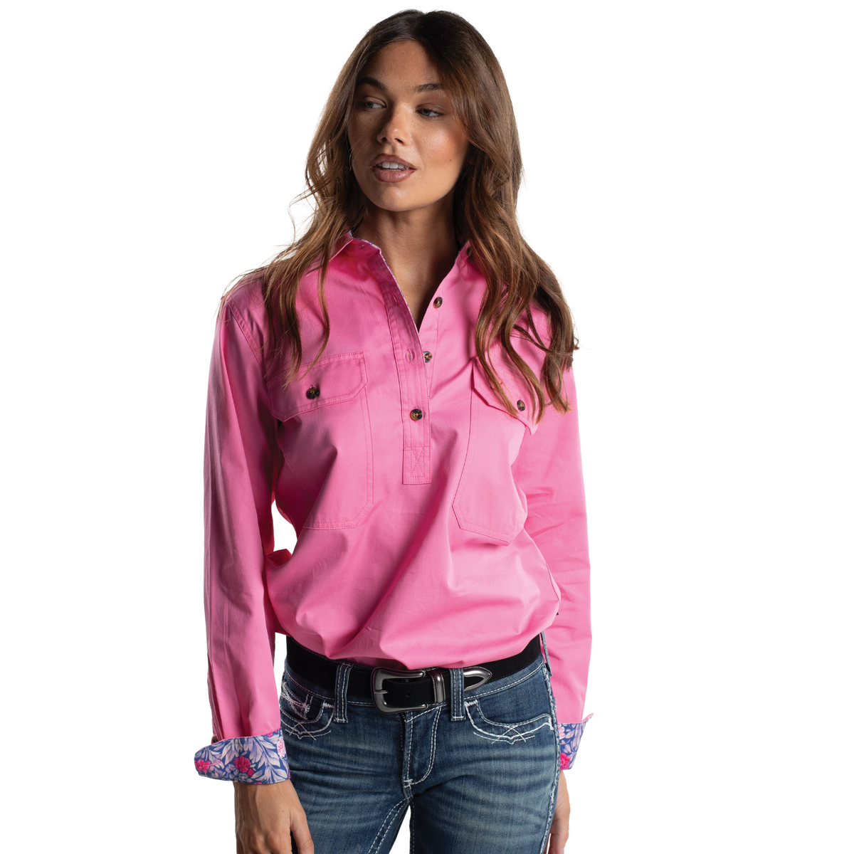 Just Country - Womens Closed Front Work Shirt - Jahna Trim - Chrysanthemum/Rose Blue