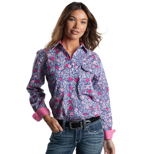 Just Country - Womens Closed Front Work Shirt - Georgie - Blue Chrysanthemum/Rose