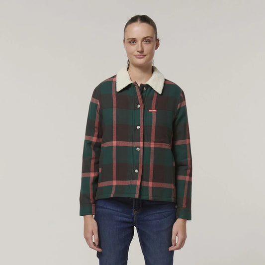 Hard Yakka - Womens Trucker Sherpa Jacket - Green/Pink Check