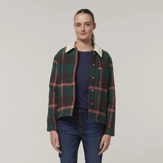 Hard Yakka - Womens Trucker Sherpa Jacket - Green/Pink Check
